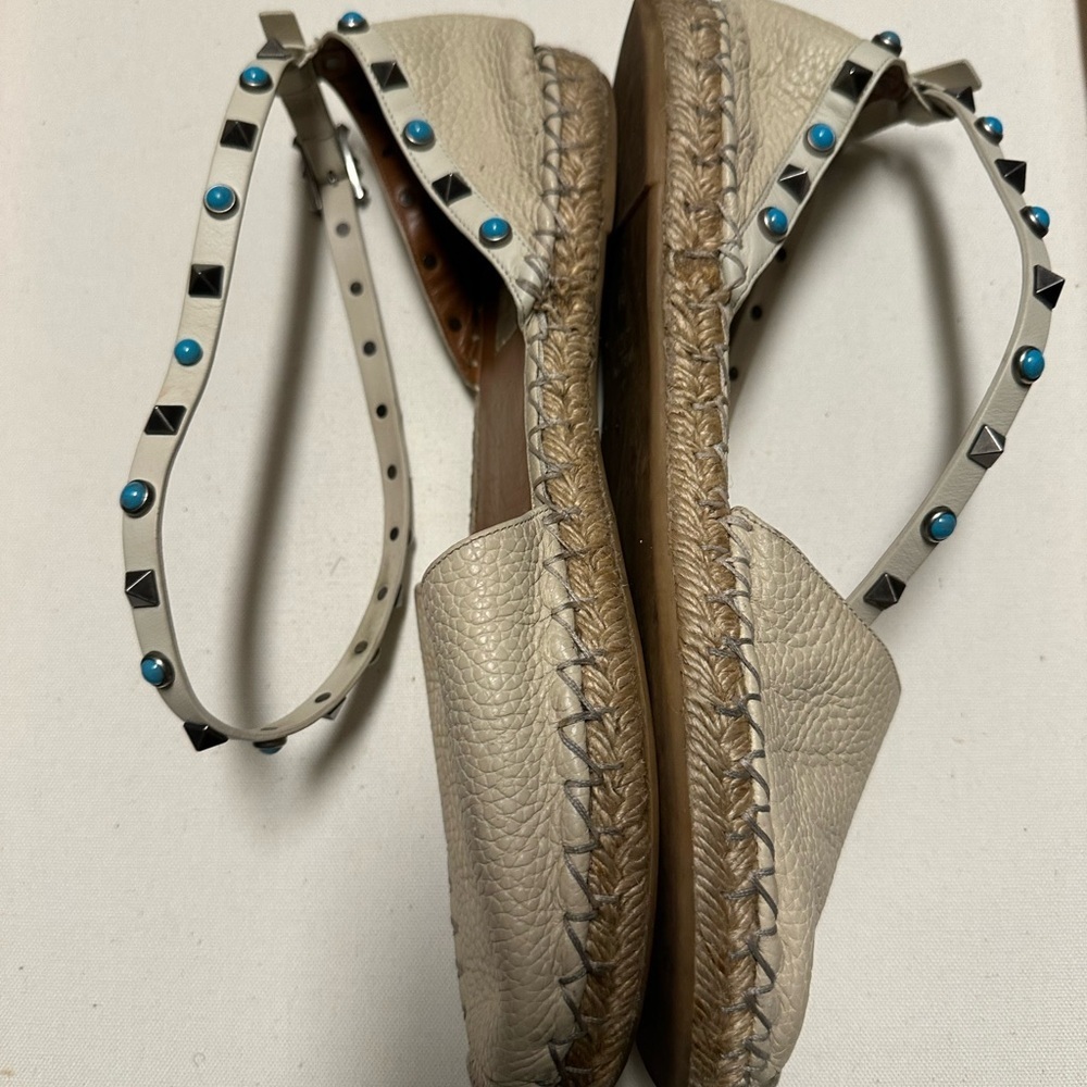 Valentino Cream Espadrilles with Blue Studs, size 9.5, pre-owned.